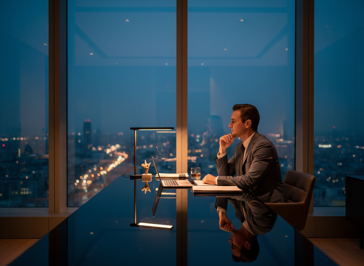 A working professional at a sleek desk near floor-to-ceiling windows at dusk, city lights glowing softly in the background