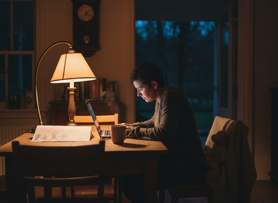 A parent working at a kitchen table late at night, soft lamp light, a child's drawing visible nearby
