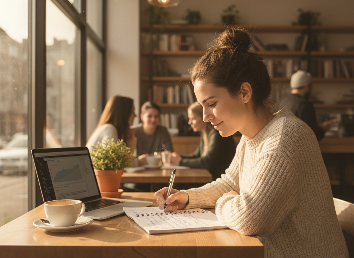 A young adult studying at a coffee shop table, golden afternoon light streaming through a window, open notebook and laptop