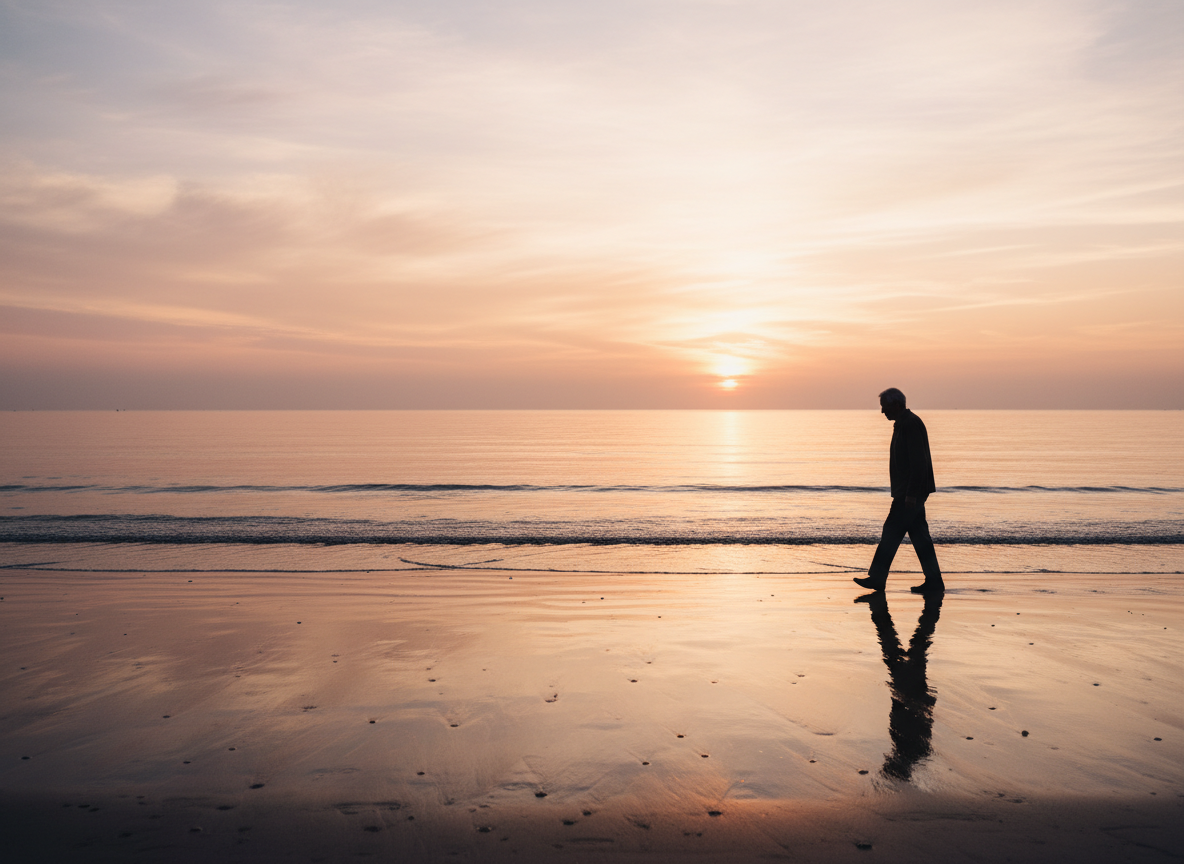 An older person walking along a quiet shoreline at sunrise, silhouetted against soft pink and gold light reflecting on calm water