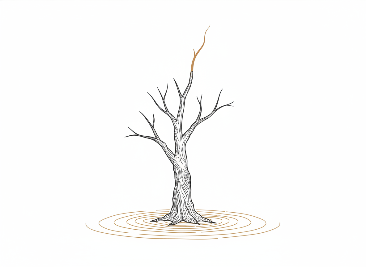 Minimalist line art of a mature tree with a new branch reaching upward, representing second growth in the Third Age.