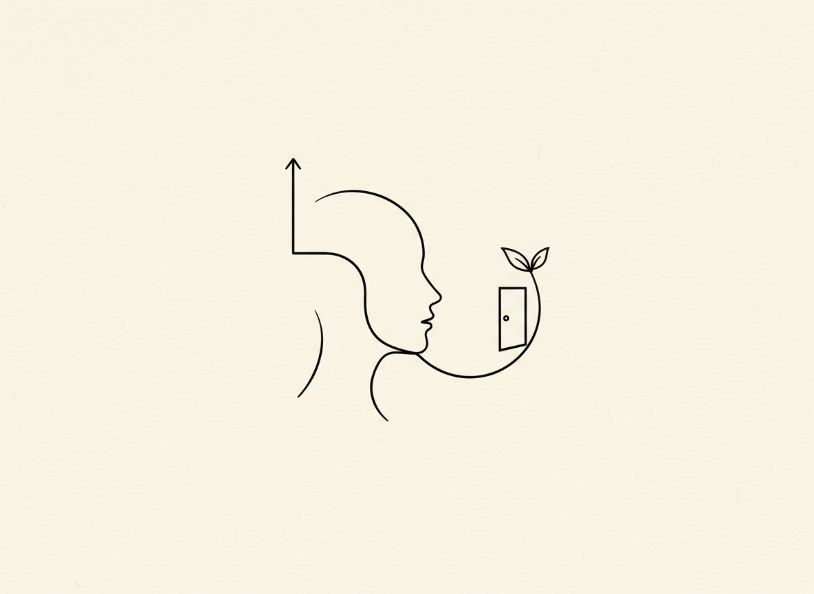 Minimalist line art of a thoughtful profile facing a branching path and an open doorway, symbolizing reflection and courageous new beginnings in midlife.