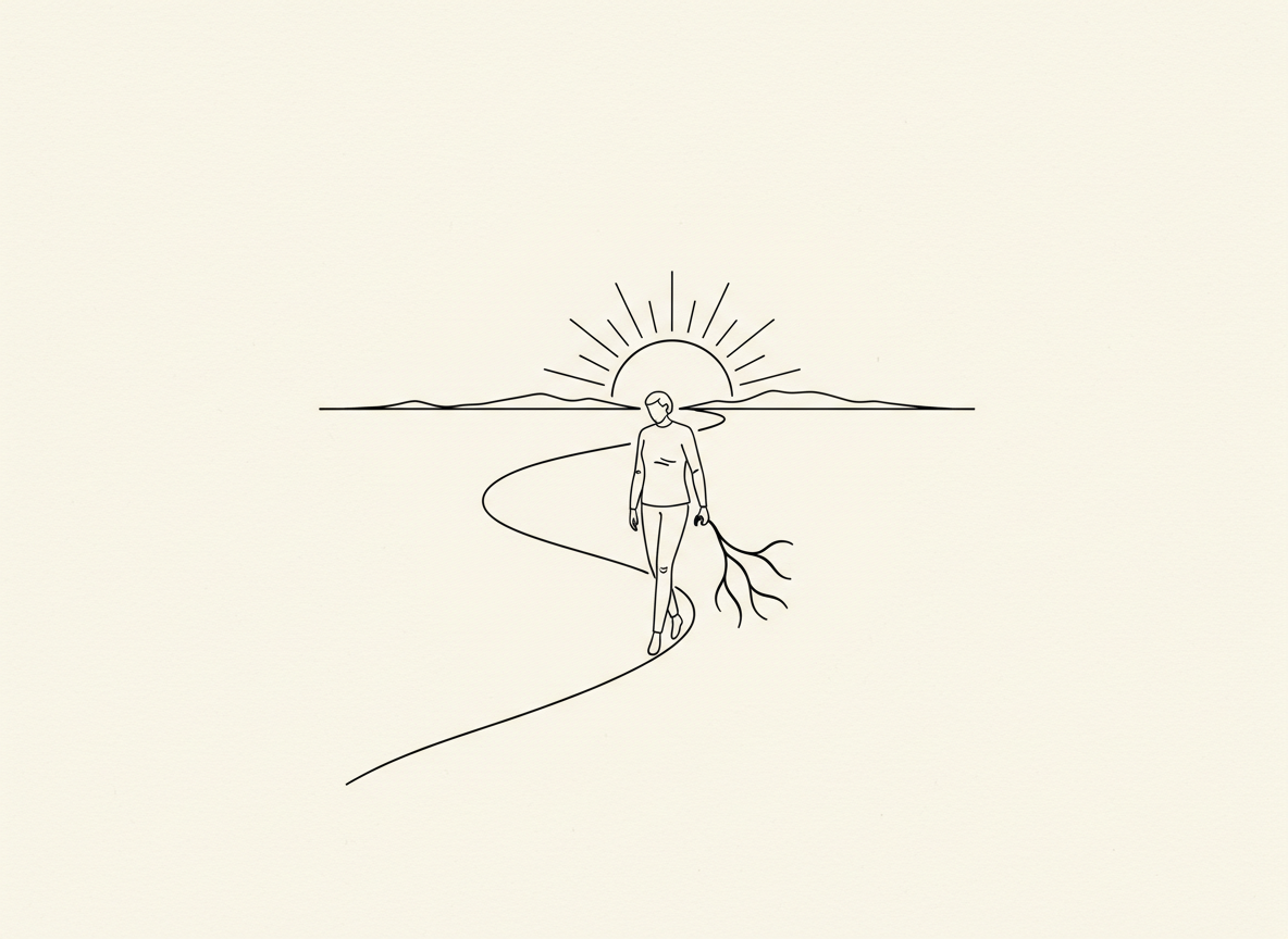 Minimalist line art of a mature person walking a mountain path toward a rising sun, symbolizing realistic optimism and resilience in the Third Age.