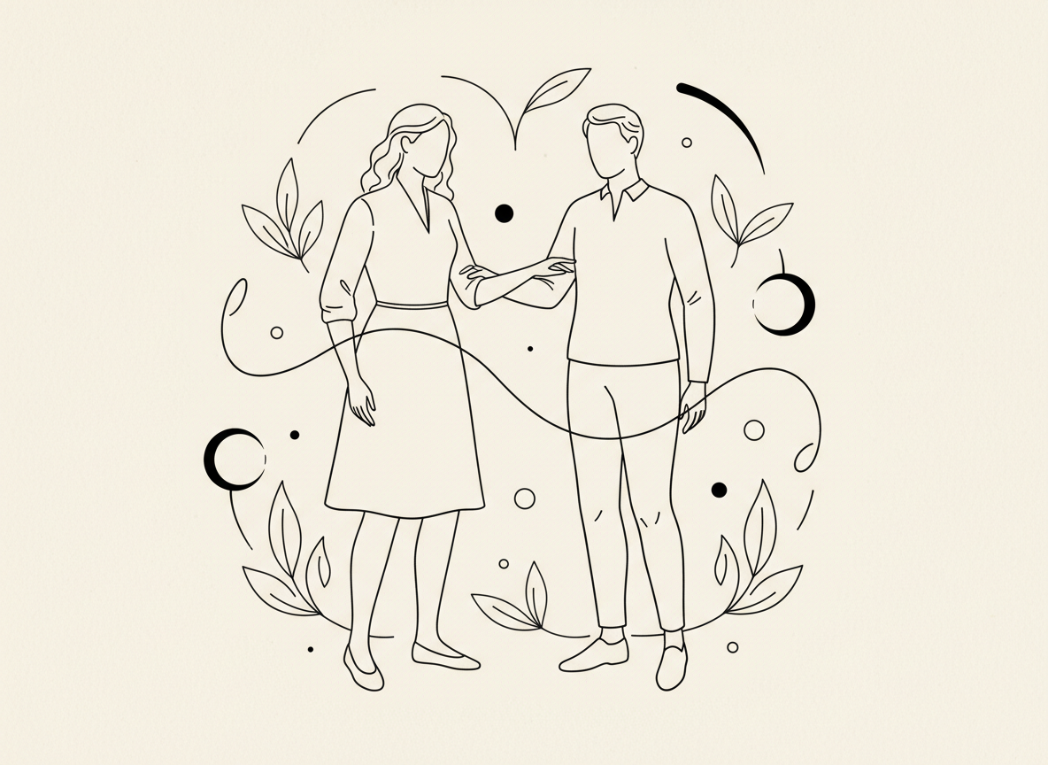 Minimalist line art of two mature figures connected by a flowing line, symbolizing reciprocal care, autonomy, and enduring relationships in the Third Age.