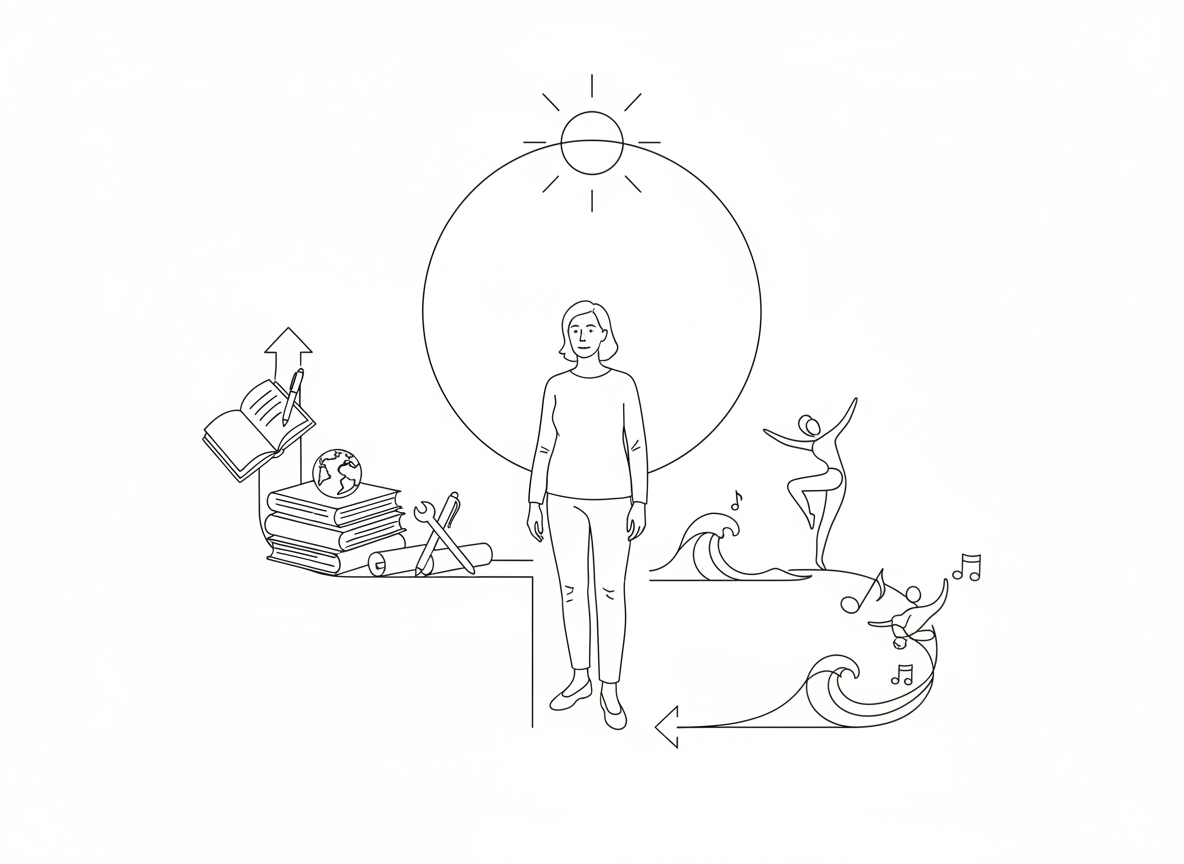 Minimalist line art of a mature person at a balanced crossroads, with one path suggesting meaningful work and the other playful movement, symbolizing work and play in the Third Age.