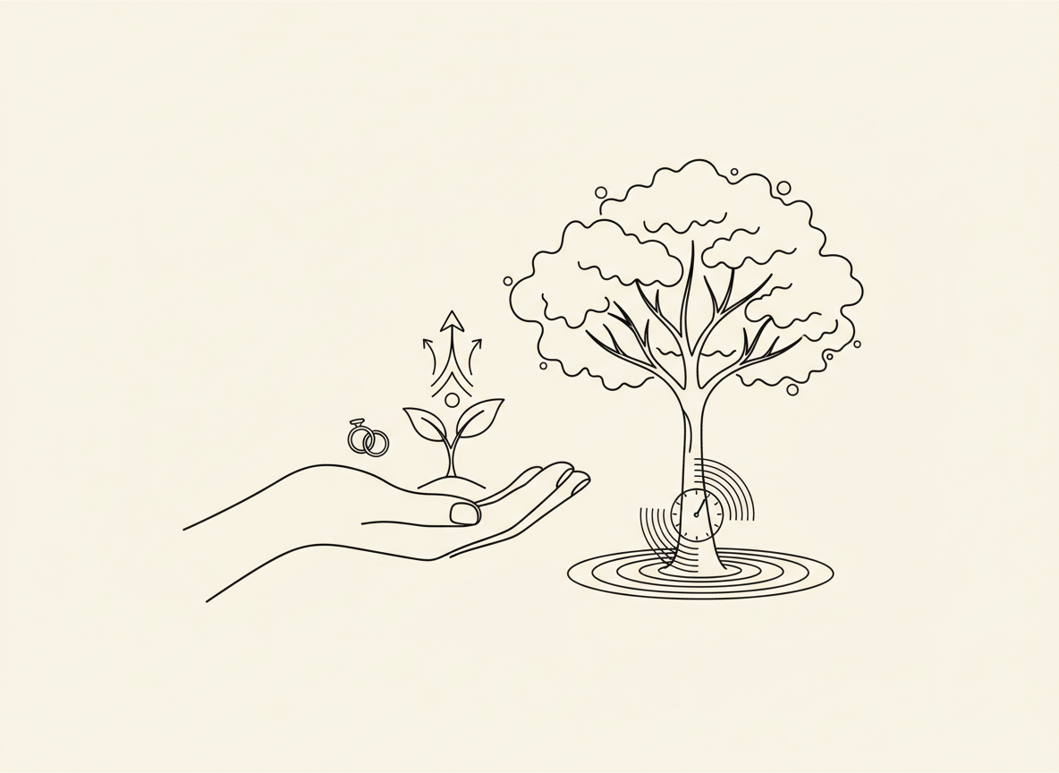 Minimalist line art of an open hand passing a seedling toward a mature tree, symbolizing legacy, conscious abundance, and meaningful contribution in the Third Age.