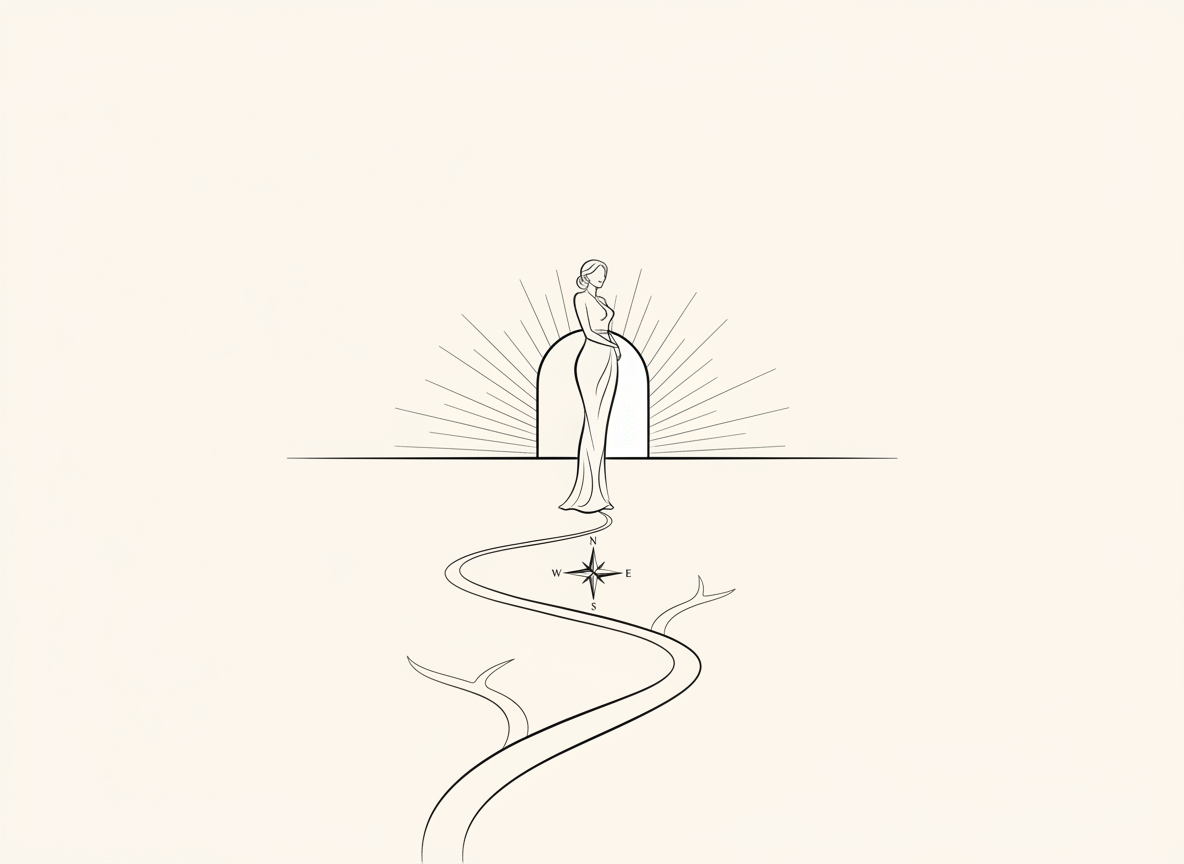 Minimalist line art of a mature person following a winding path toward a calm horizon, with a subtle compass and sunrise symbolizing present awareness and future planning in the Third Age.