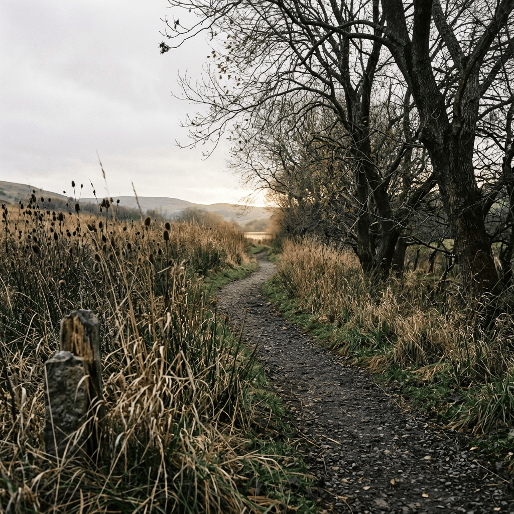 Narrow countryside path through autumn grasses beneath bare trees
